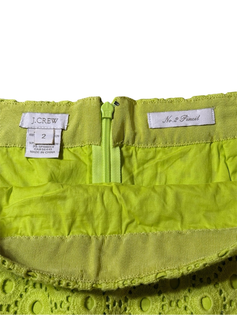 J Crew Chartreuse Lime Green Eyelet No 2 Pencil Skirt SZ 2 lined embroidered - Picture 2 of 3